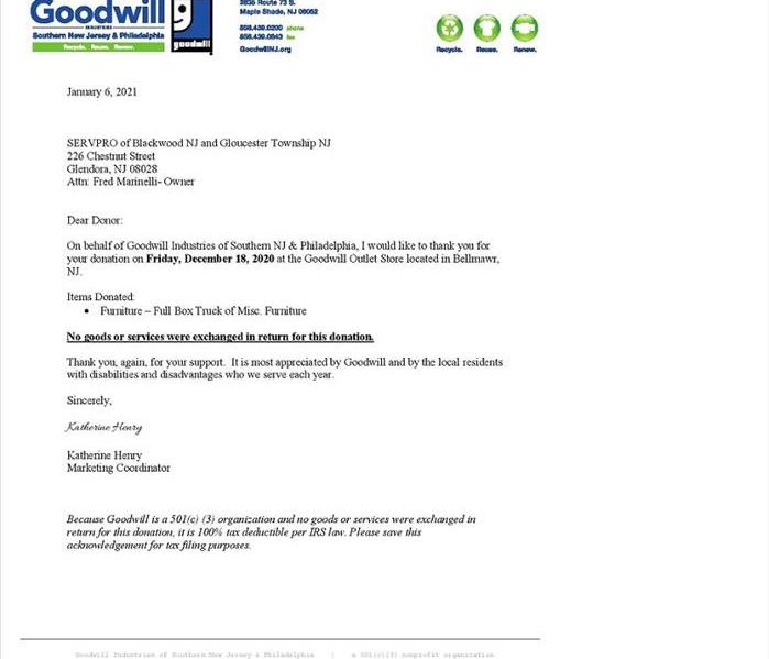 Donated Furniture for Pandemic, SERVPRO of Blackwood NJ - Letter from Goodwill