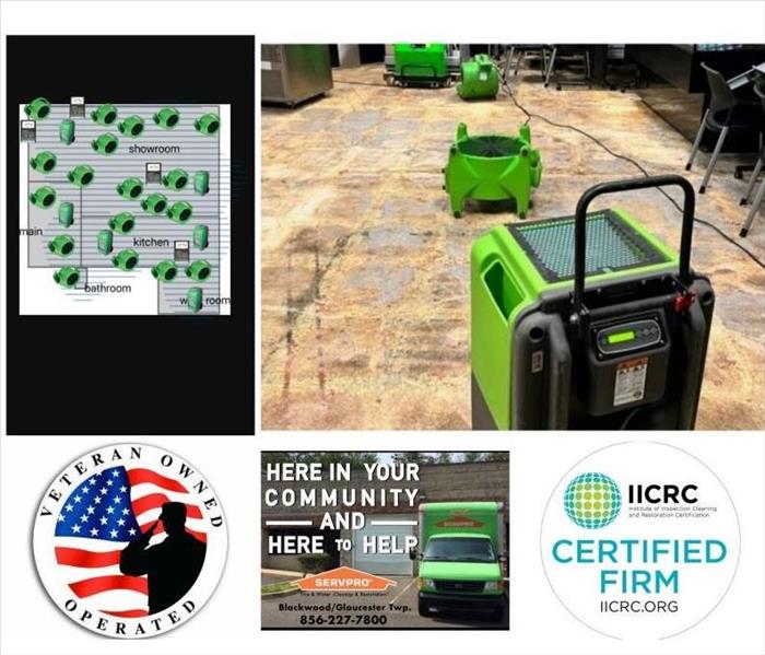 Commercial Property has our Drying Equipment Setup, with Dehumidifiers, Air Movers, HEPA air scrubbers, and Moisture Meters-