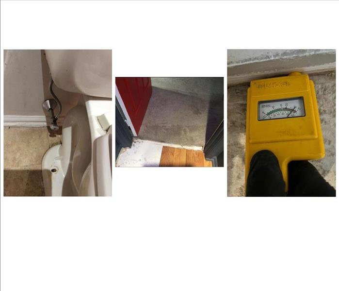 A Toilet Water Pipe Connection, caused Water damage, and caused wall damage and floor coverings and floor substrates as well.