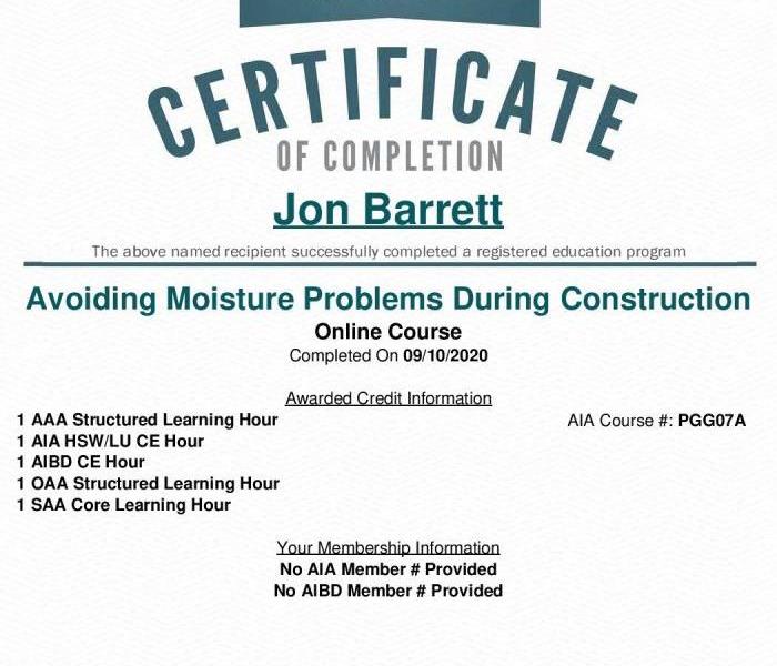 Moisture in New Construction, Mold testing and inspection, image of Certificate of Completion